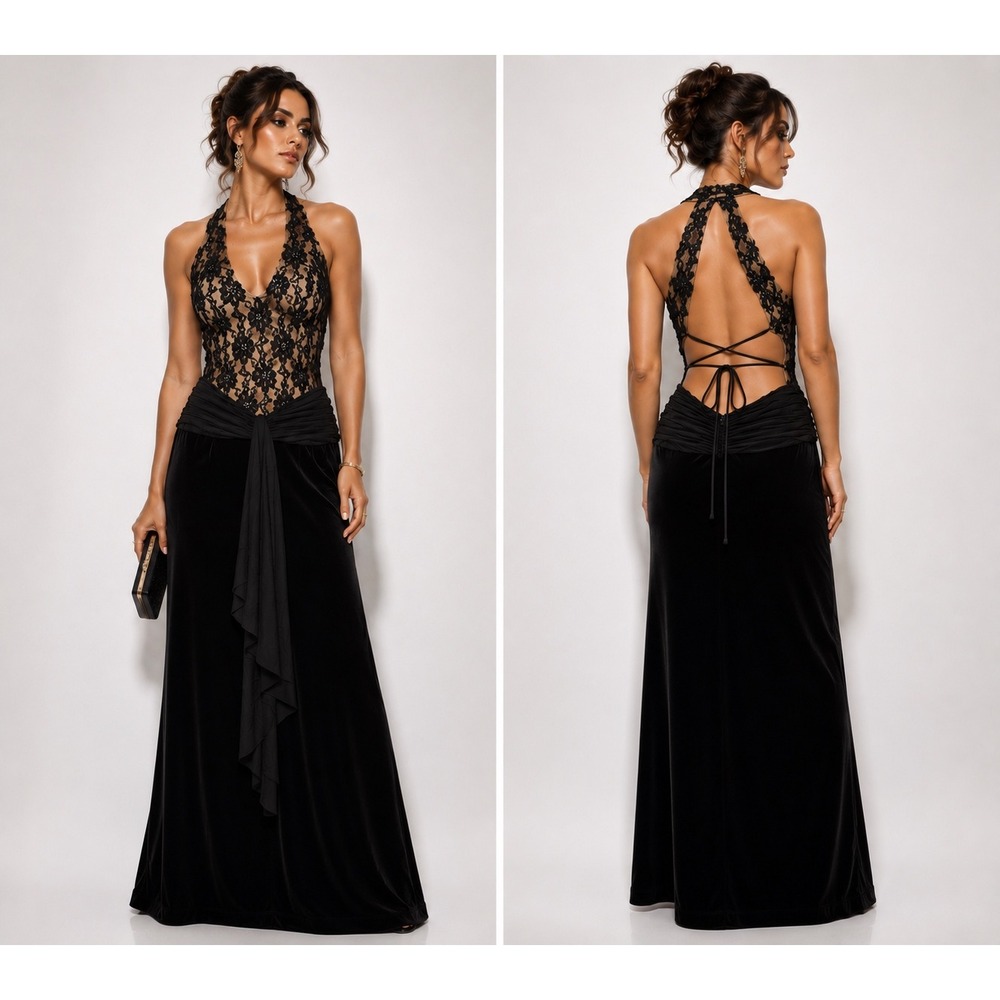 VTG Dave & Johnny Gown 9/10 Black Velvet Lace Sequin Open Back Formal Prom Dress
